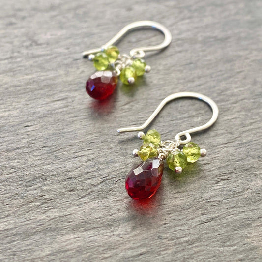 Garnet and Peridot Earrings, One of a Kind Sterling Silver Dangles
