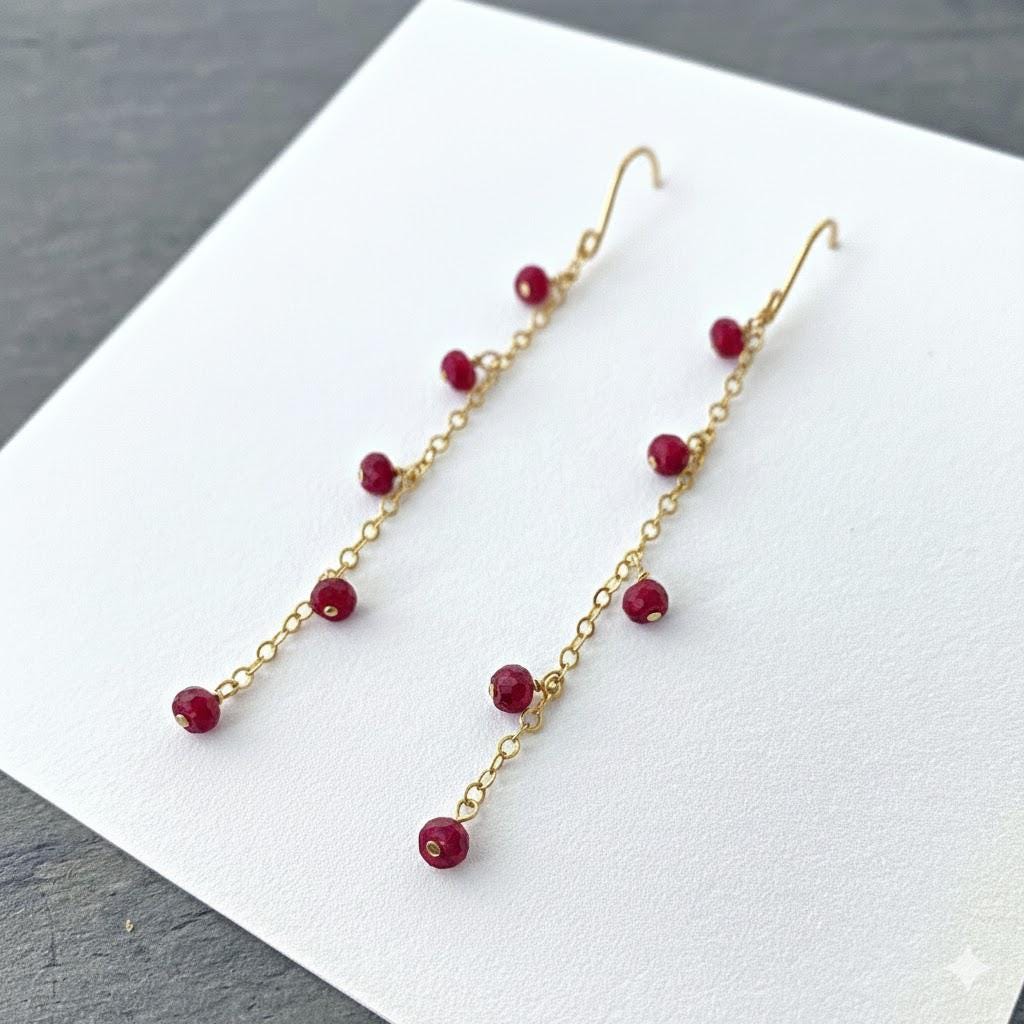 Red Ruby Chain Earrings. 14k Gold Filled Faceted Long Dangle Birthstone Gemstones.