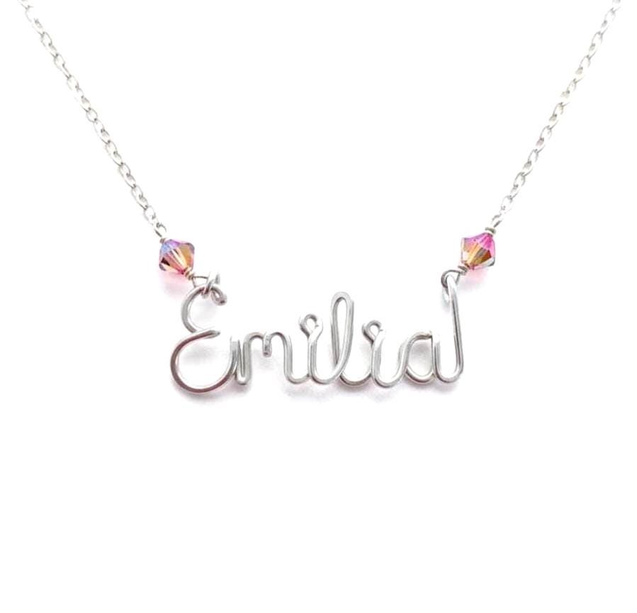 Custom Sterling Silver Girl Child Name Necklace: Swarovski Crystal Accent