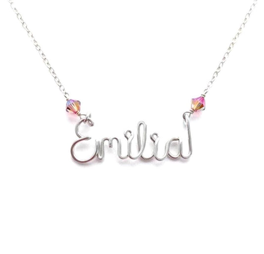Custom Sterling Silver Girl Child Name Necklace: Swarovski Crystal Accent