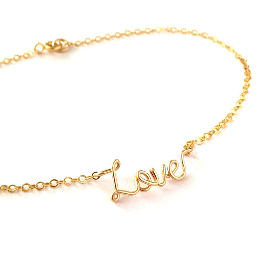 14k Solid Gold Love Anklet, Tiny Petite Word Dainty Heirloom Quality Ankle Bracelet