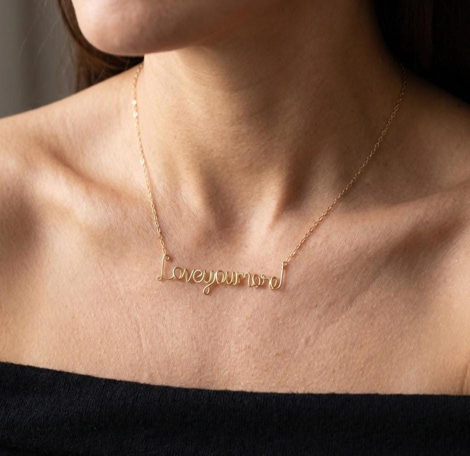 Love you more Gold Hand Hammered Necklace: Script Calligraphy