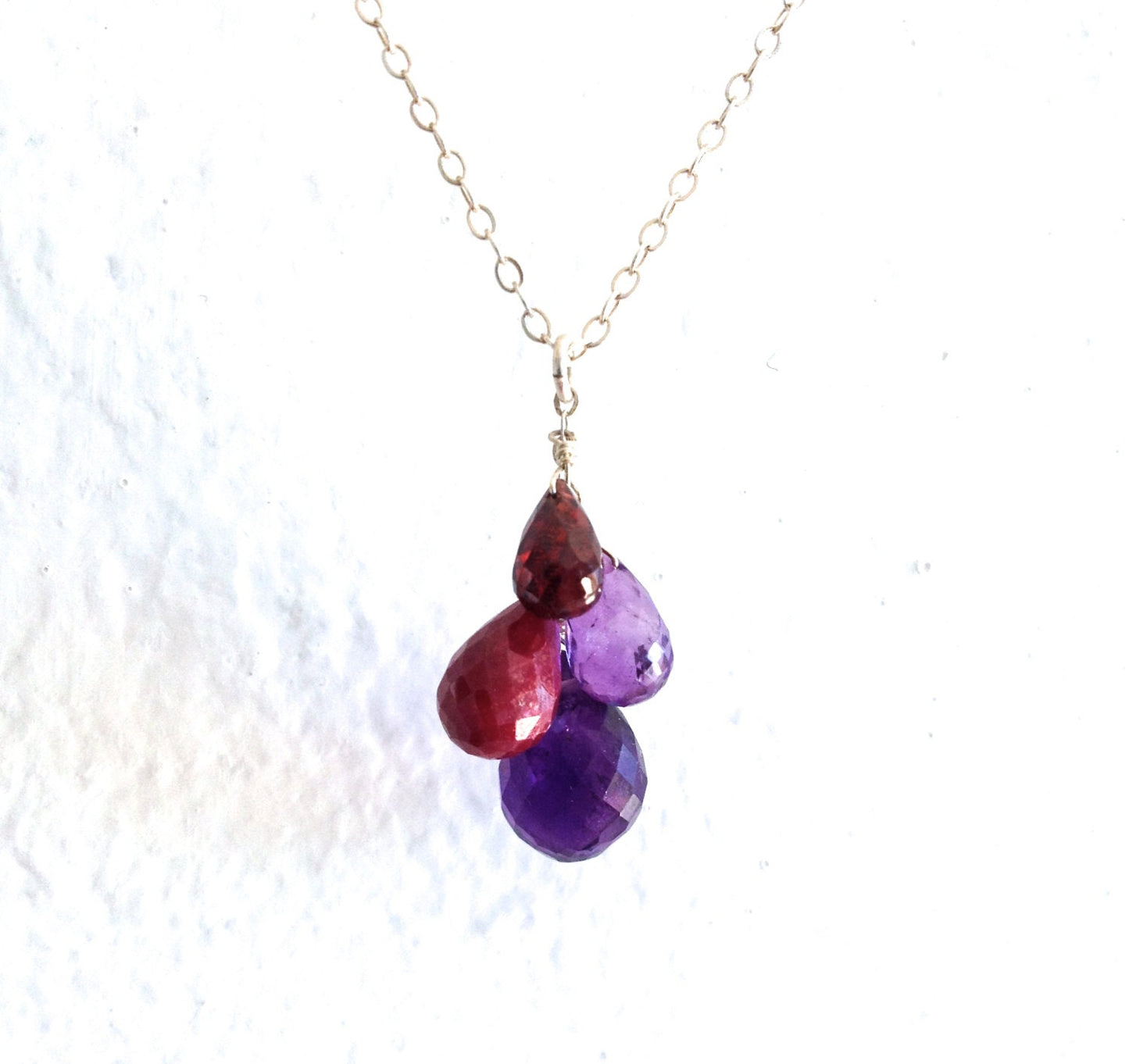 Amethyst, Ruby and Garnet Gemstone Drops Necklace. Real Gemstones. Genuine Gemstone Necklace