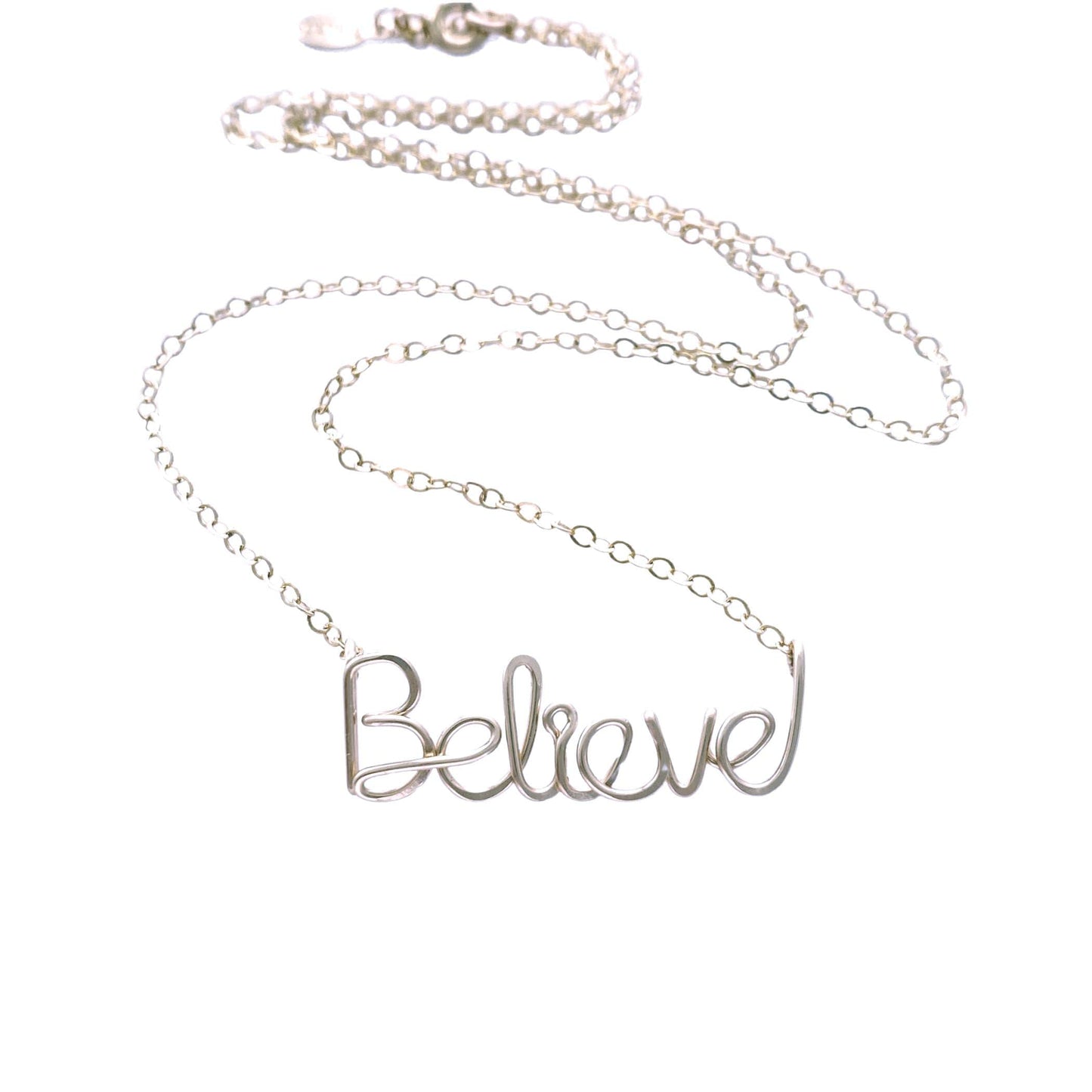 Sterling Silver Believe Necklace: Script Wire Word Pendant