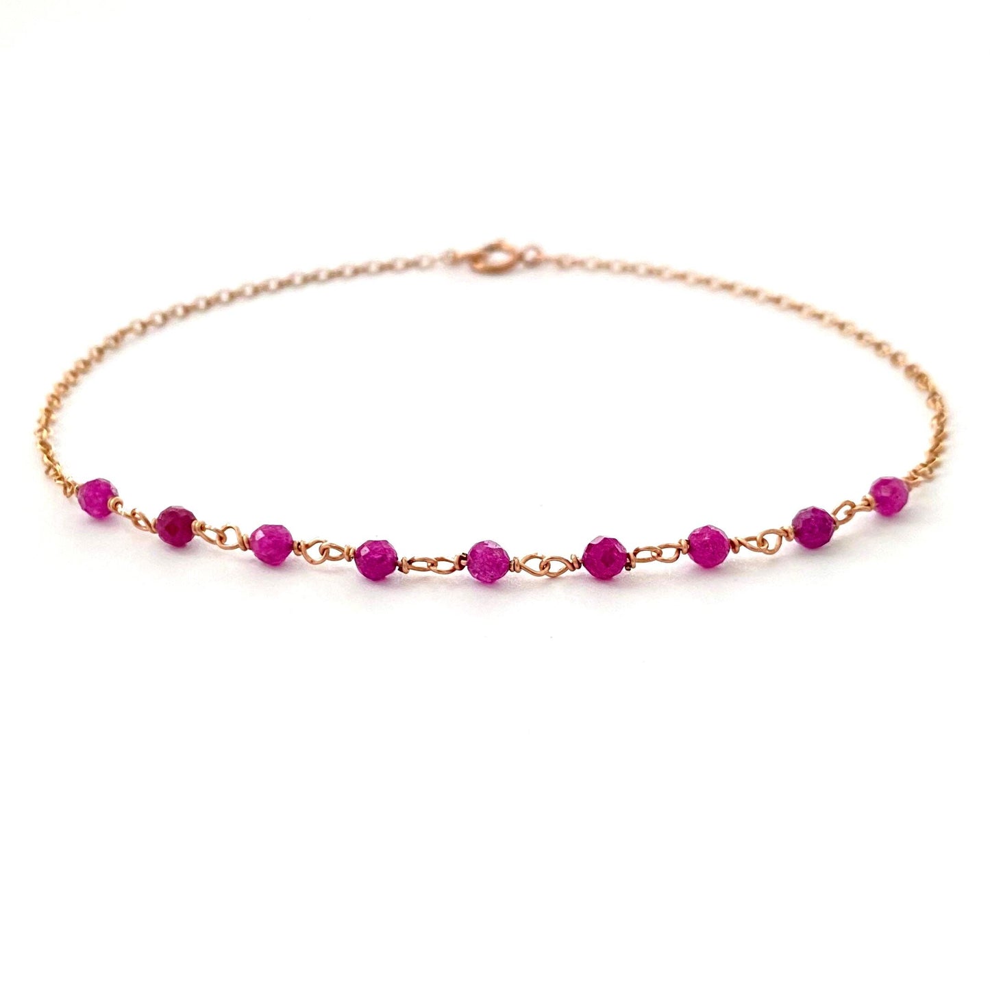 Dark Red Ruby Anklet: Delicate 14k Rose Gold Filled Ankle Chain.