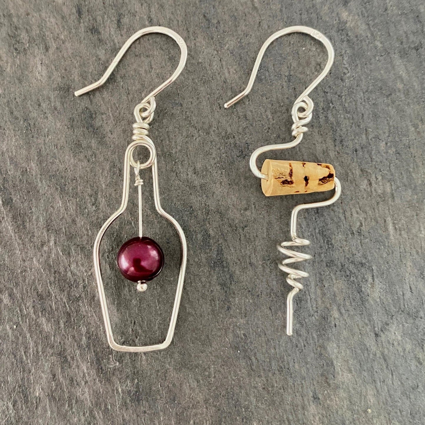 Sterling Silver Wine Earrings: Bottle & Cork, Real Corkscrew Earrings