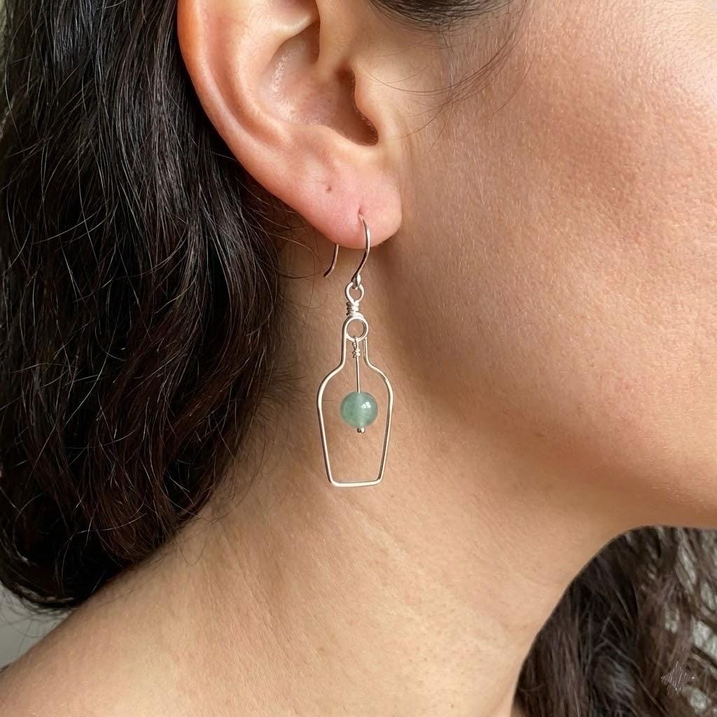 Sterling Silver Wine Earrings: Light Green Jade Gemstone, Corkscrew Earrings