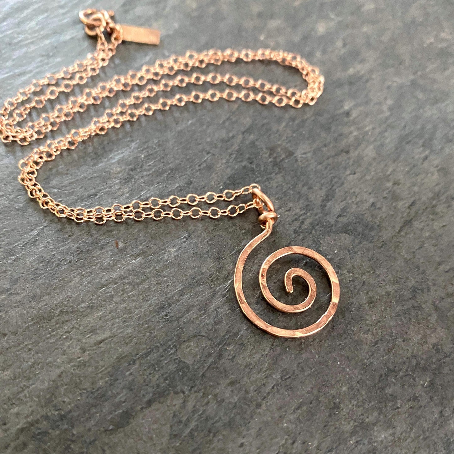 14k Rose Gold Filled Spiral Pendant Necklace: Hammered Sun Swirl