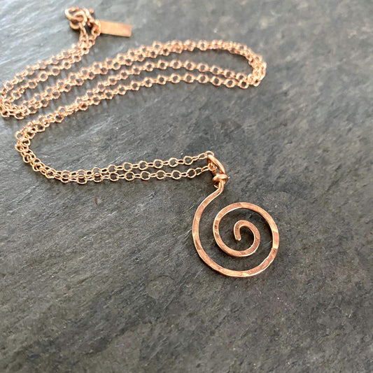 14k Rose Gold Filled Spiral Pendant Necklace: Hammered Sun Swirl
