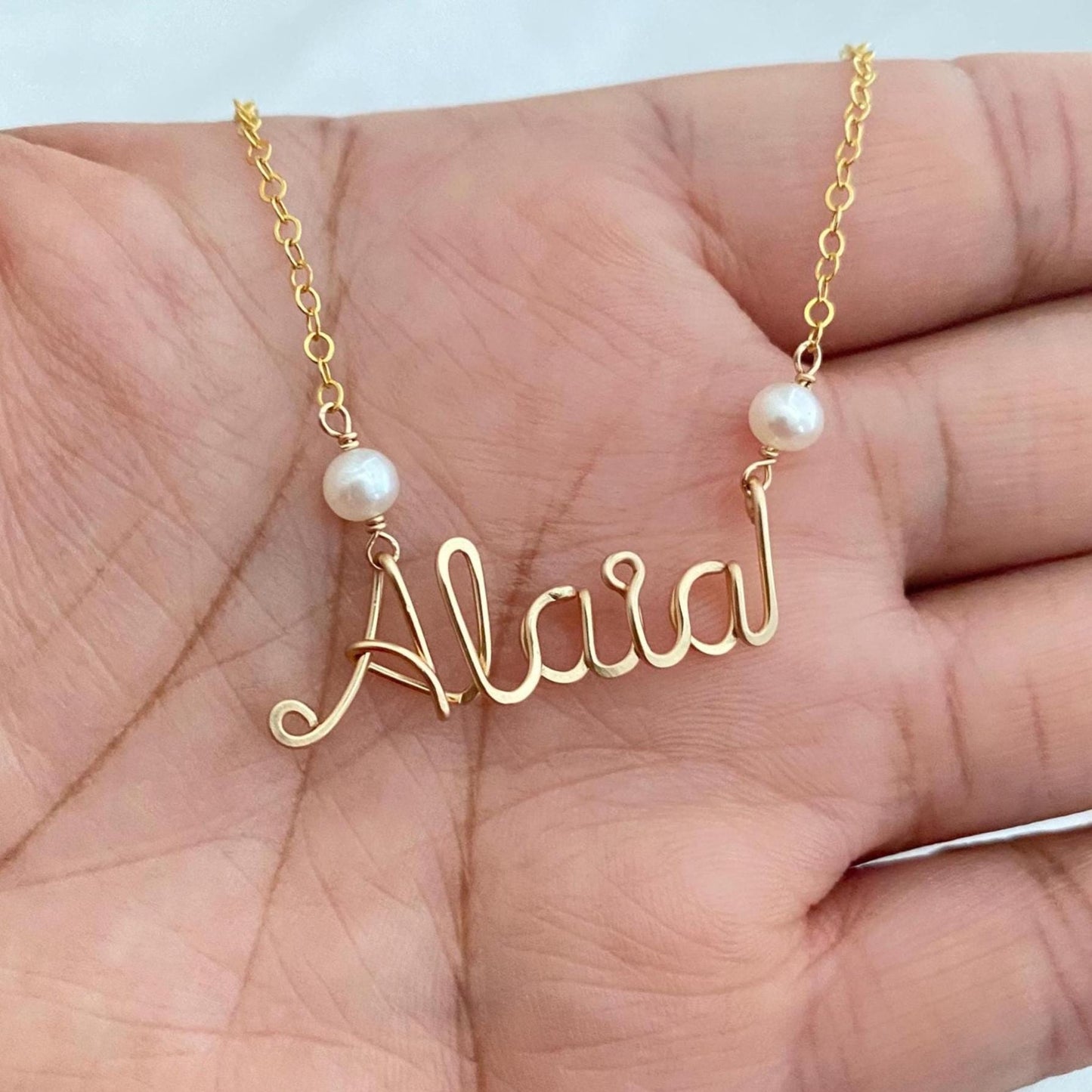 Custom Gold Two Pearl Name Necklace: Cursive Gold Script Monogram