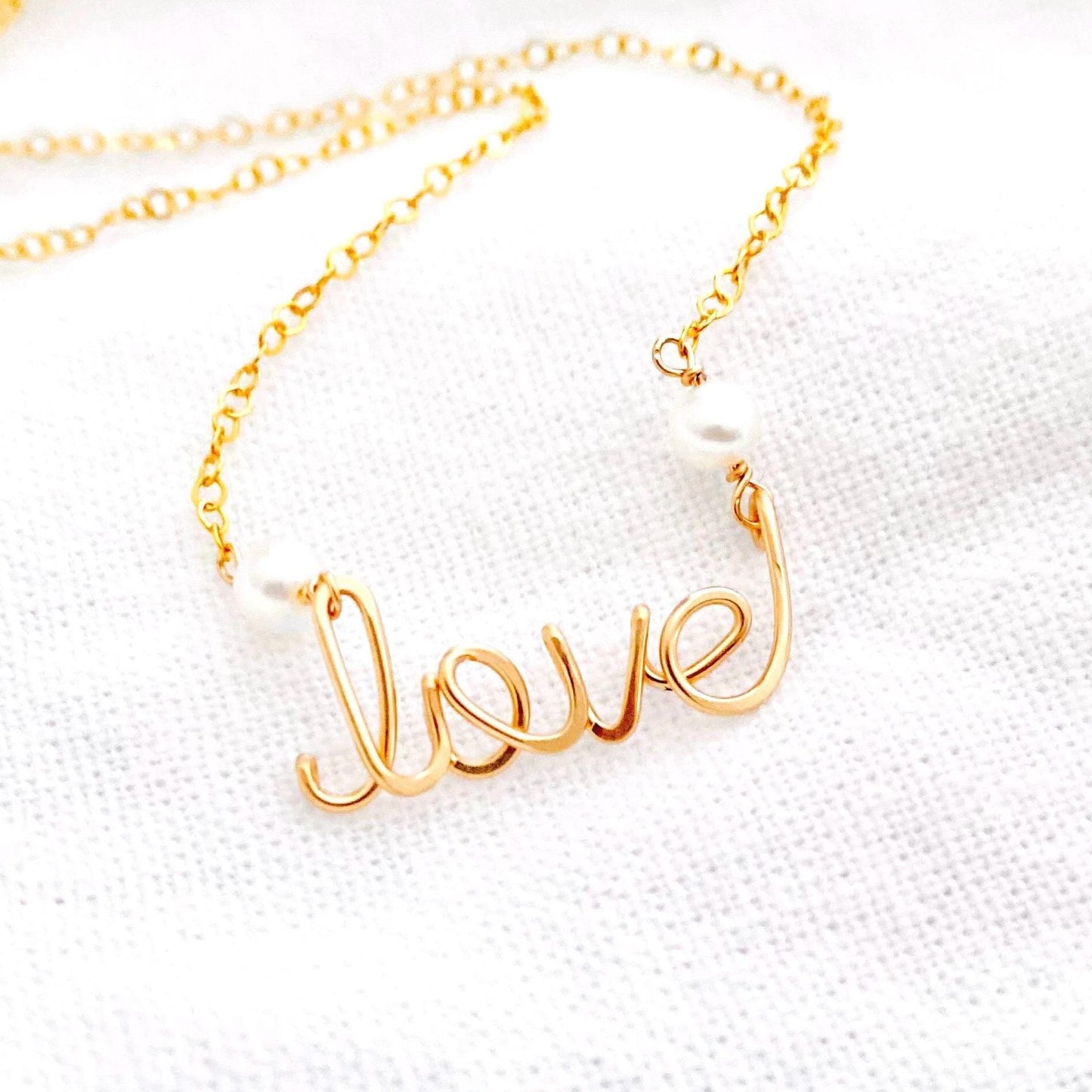 Love Necklace: Cursive Script Pendant with pearls