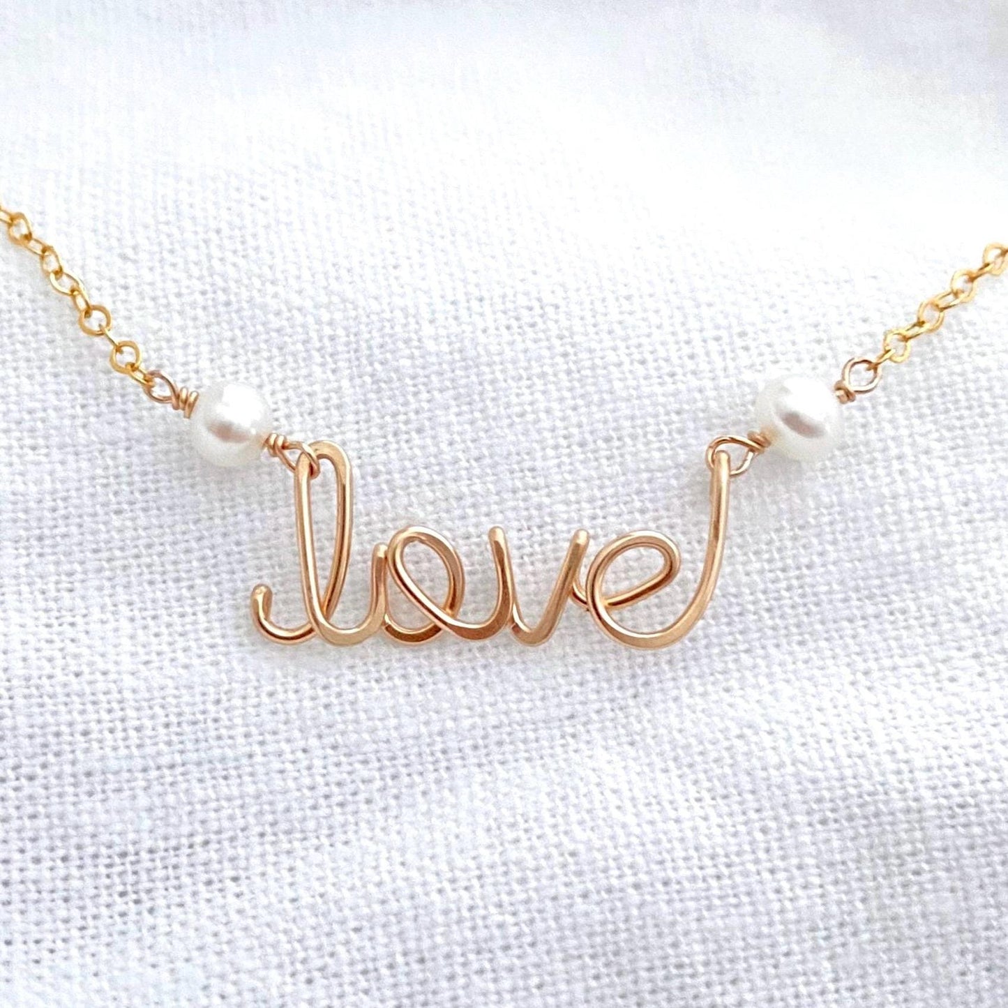 Love Necklace: Cursive Script Pendant with pearls