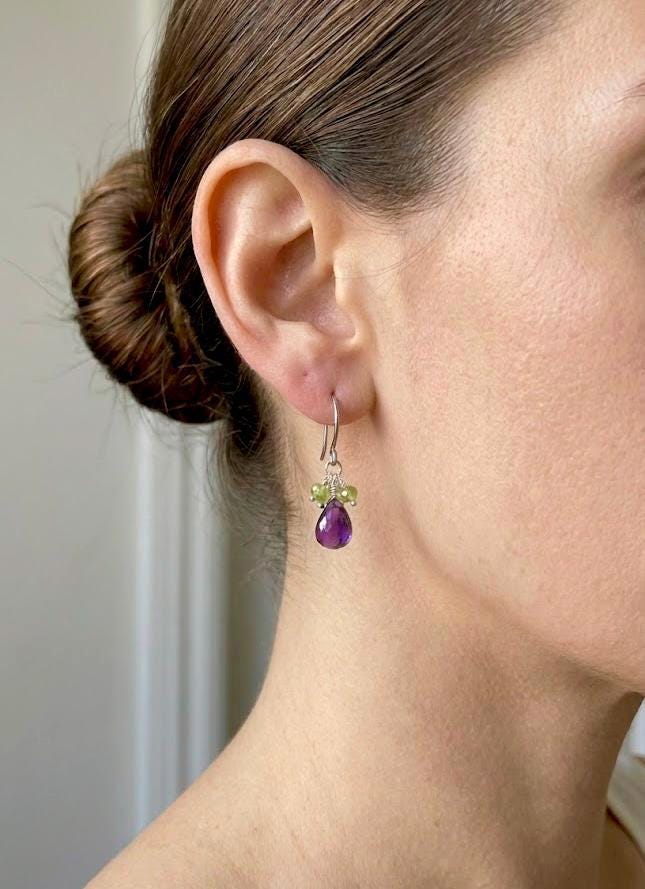 Amethyst and Peridot Gemstone Earrings: Sterling Silver or 14k Gold.