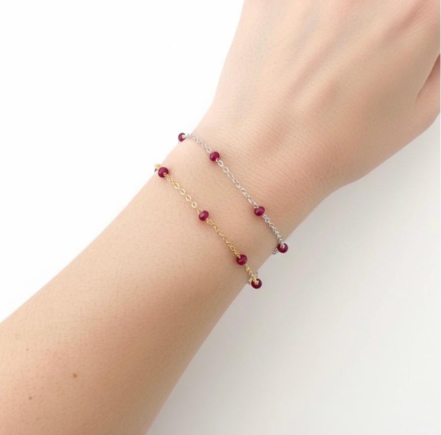 Faceted Ruby Bracelet: Dainty Sterling Silver Gemstone Chain