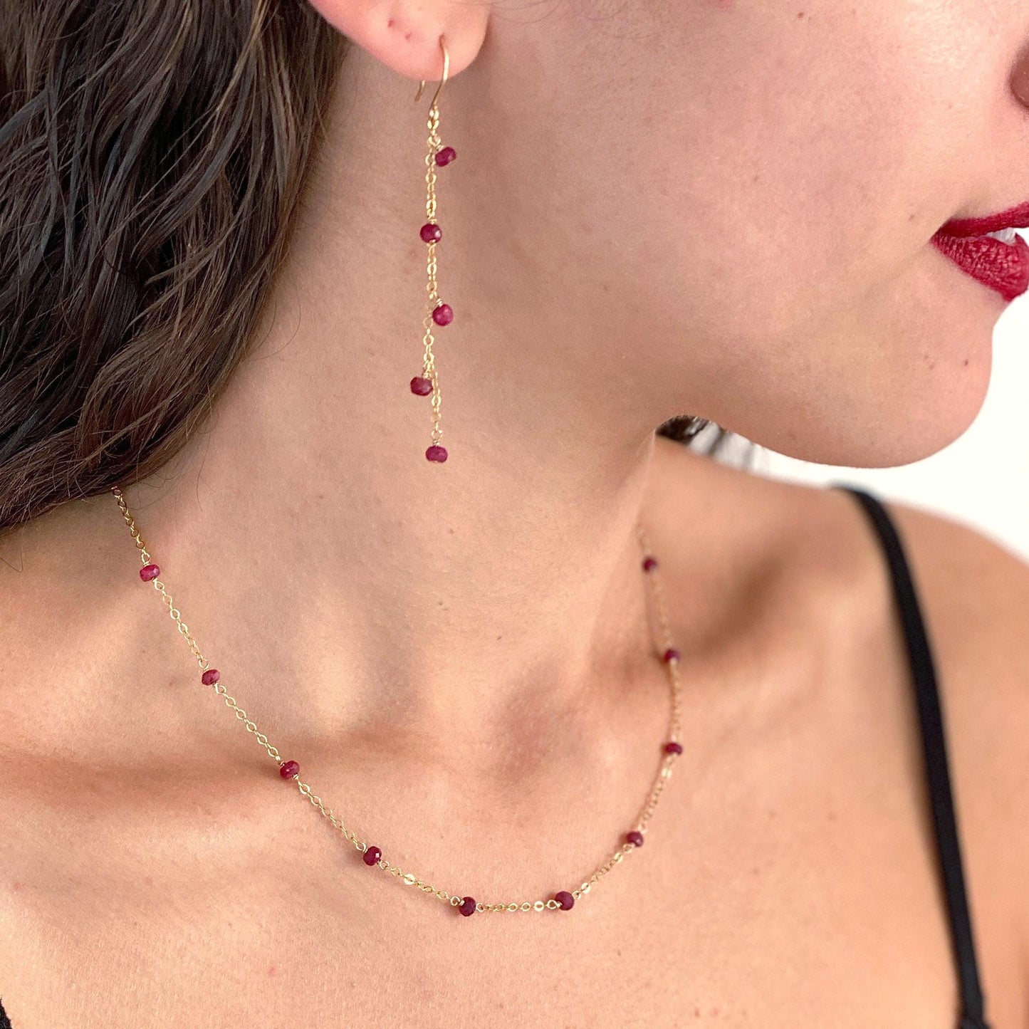 Genuine Red Ruby Gemstone 14k Gold Filled Chain Necklace. July Birthstone Valentines Day Jewelry.
