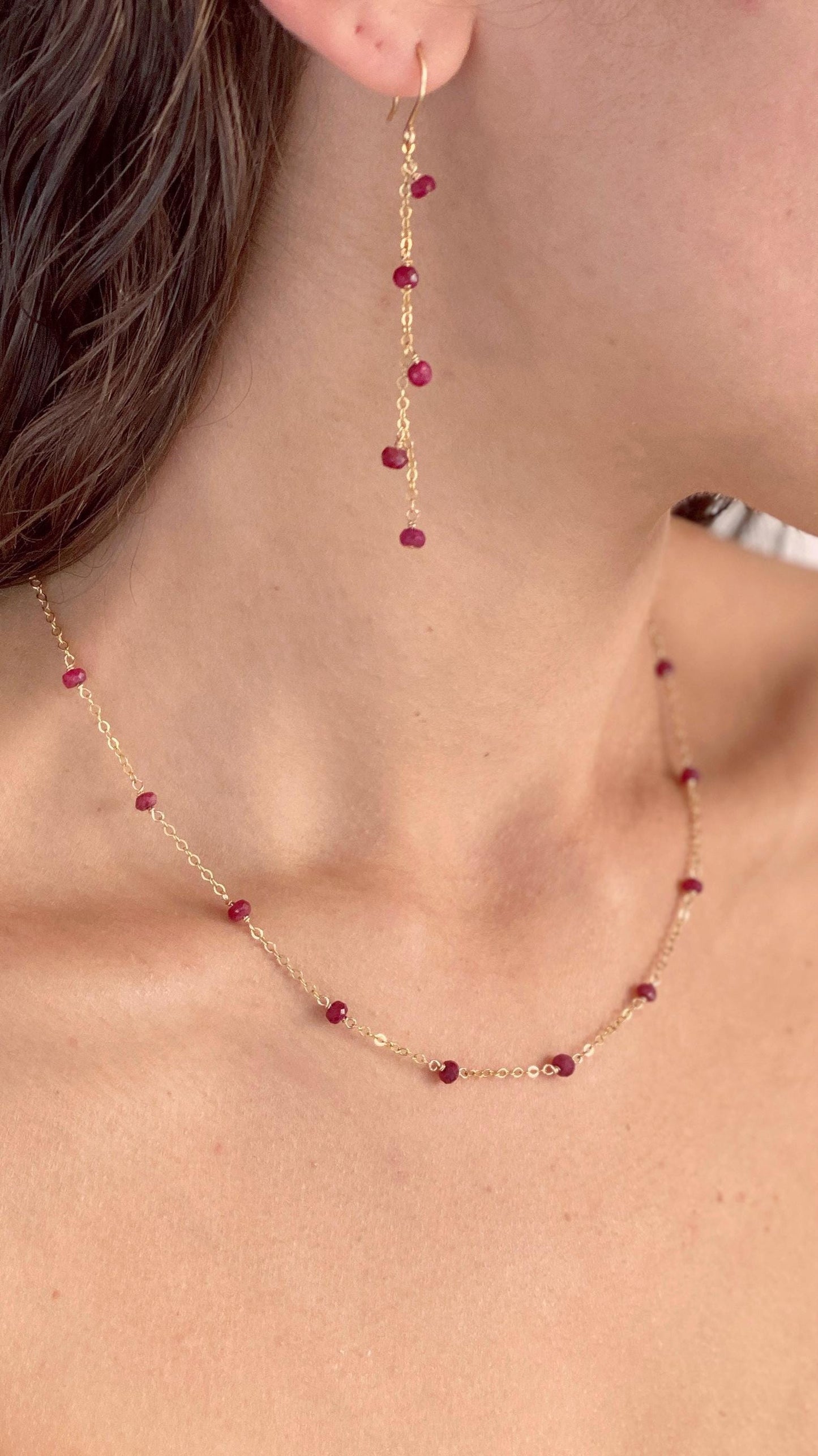 Genuine Red Ruby Gemstone 14k Gold Filled Chain Necklace. July Birthstone Valentines Day Jewelry.
