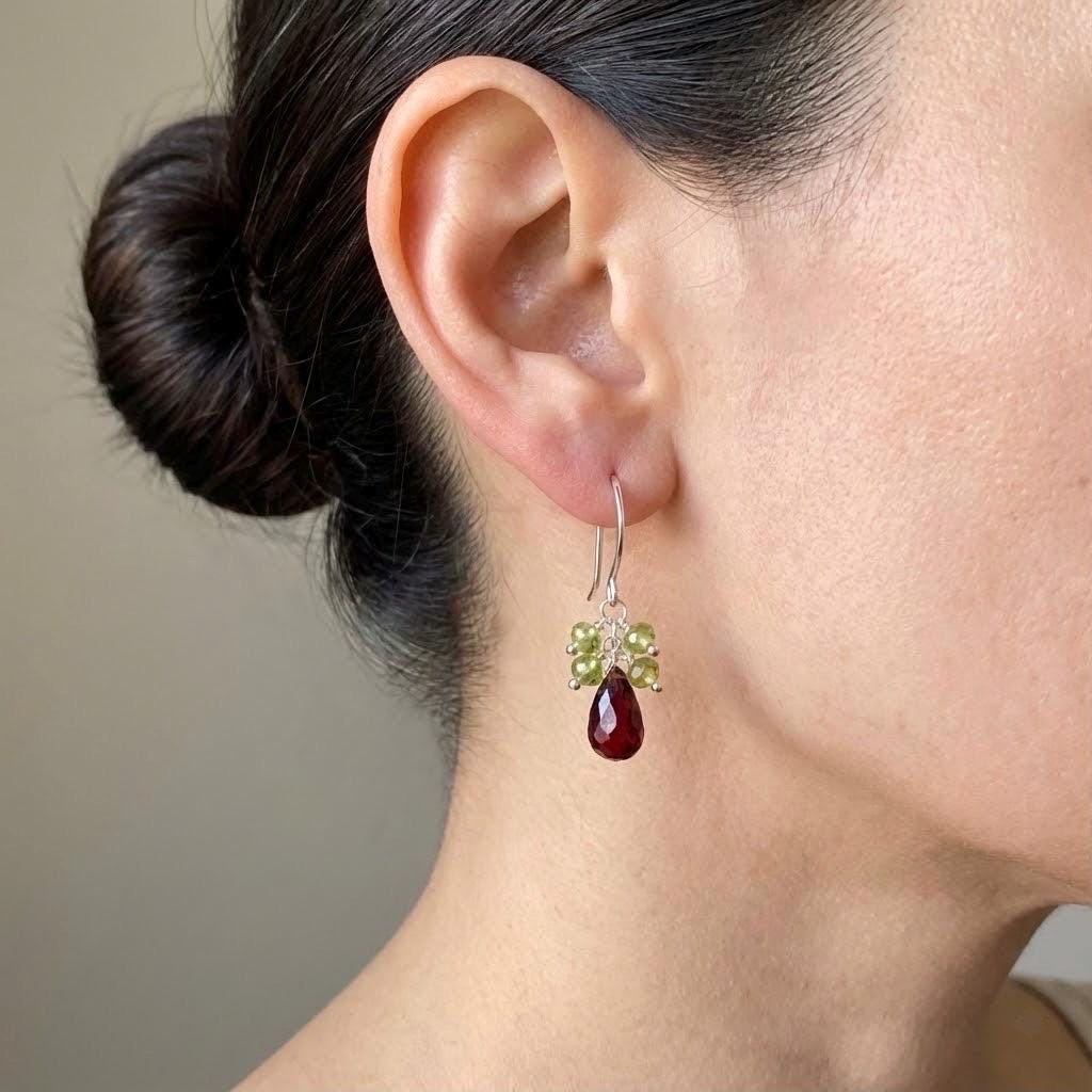Garnet and Peridot Earrings, One of a Kind Sterling Silver Dangles