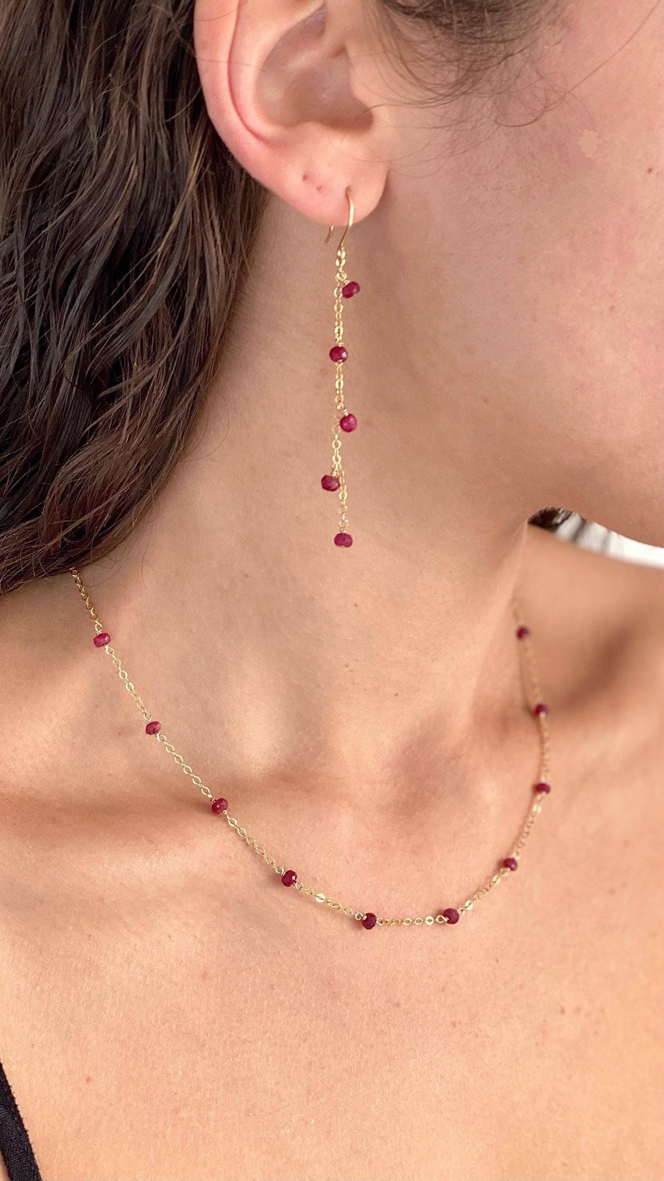 Red Ruby Chain Earrings. 14k Gold Filled Faceted Long Dangle Birthstone Gemstones.