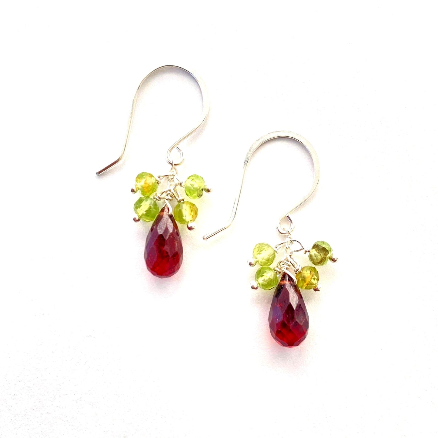 Garnet and Peridot Earrings, One of a Kind Sterling Silver Dangles
