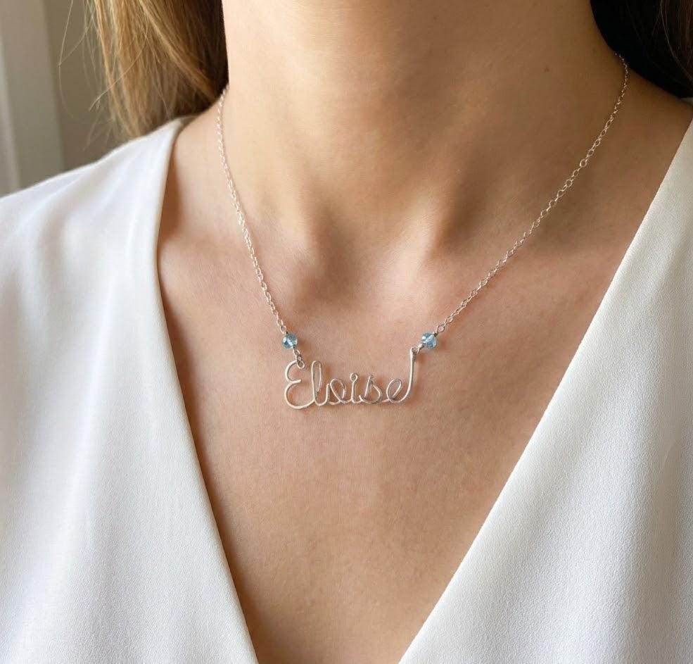 Sterling Silver Cursive Name Necklace: Custom Birthstone Gemstone
