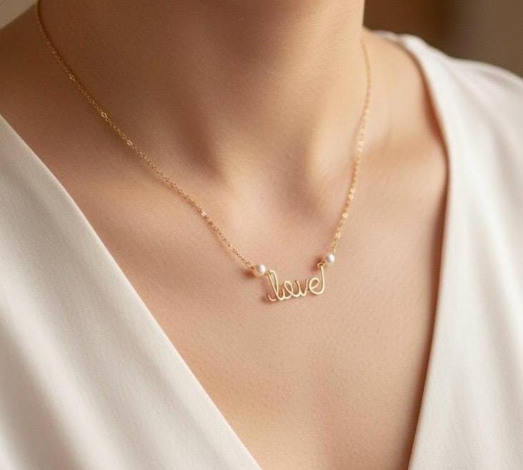 Love Necklace: Cursive Script Pendant with pearls