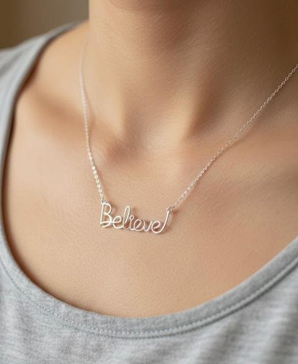 Sterling Silver Believe Necklace: Script Wire Word Pendant
