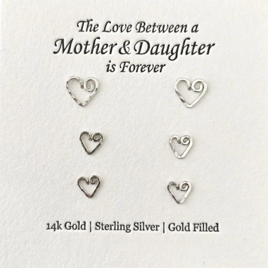 Mother & Daughter Sterling Silver Heart Studs 3 Sets - Twin Mom Gift