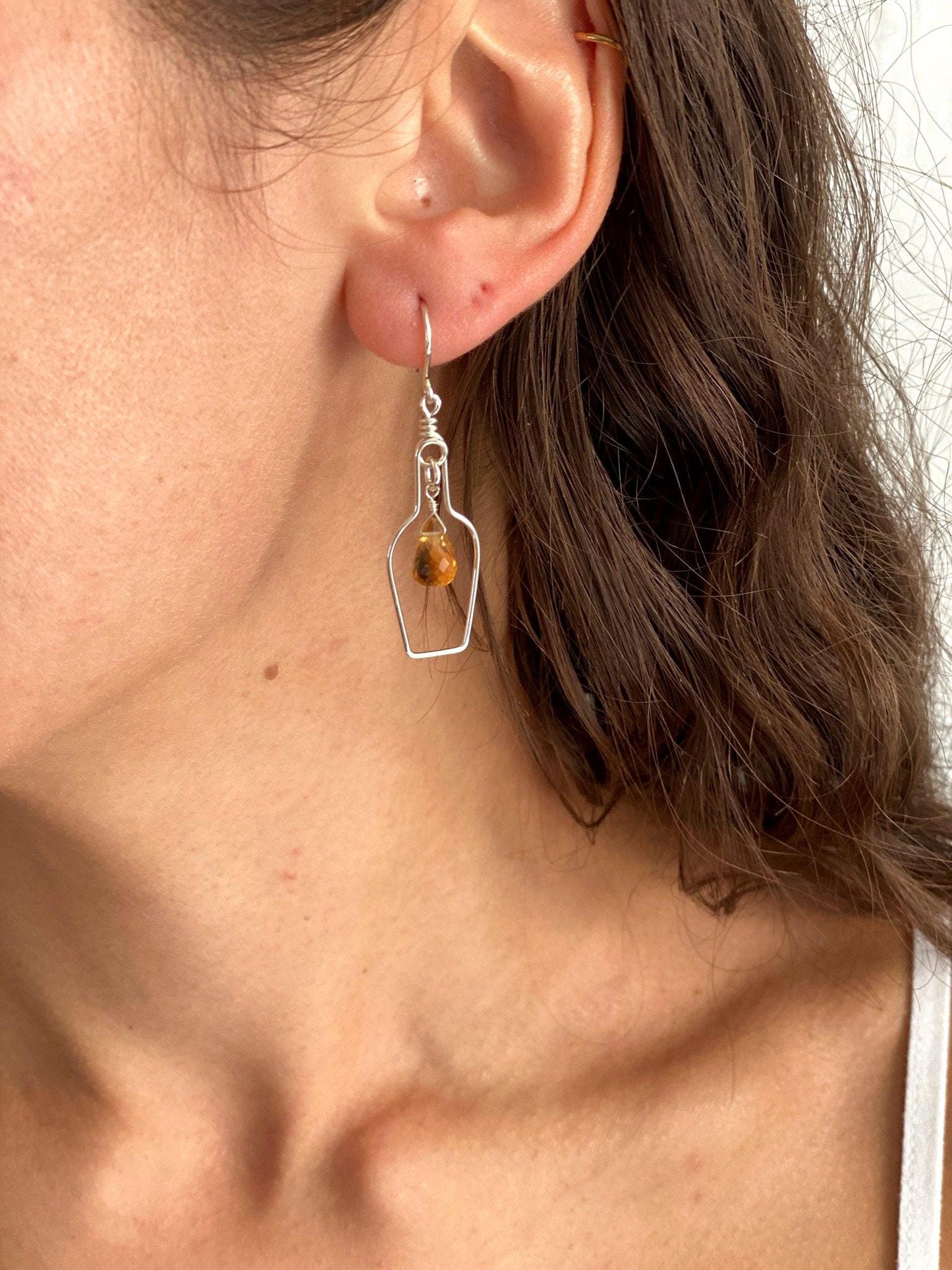 Champagne Bottle and Cork Screw Earrings with Genuine Citrine. Wine Lover Gift.