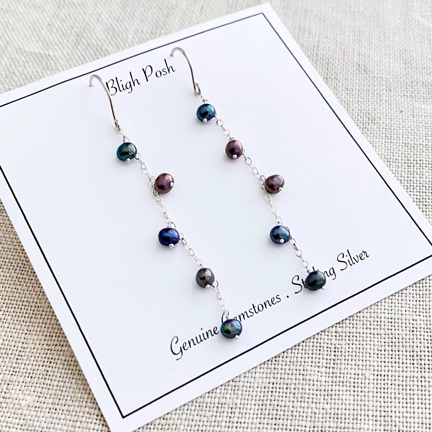 Small Black Pearl Chain Earrings: Sterling Silver Peacock Freshwater Pearls, 3 inch Dangles