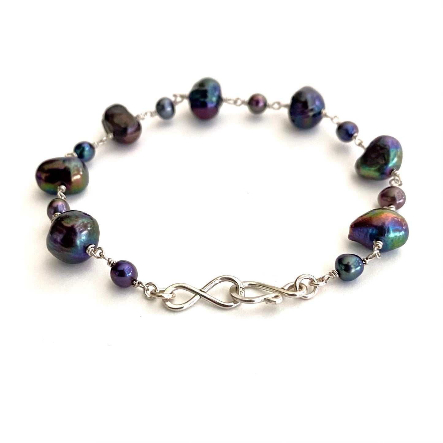Black Peacock Freshwater Pearl Bracelet Sterling Silver Infinity Clasp Handmade