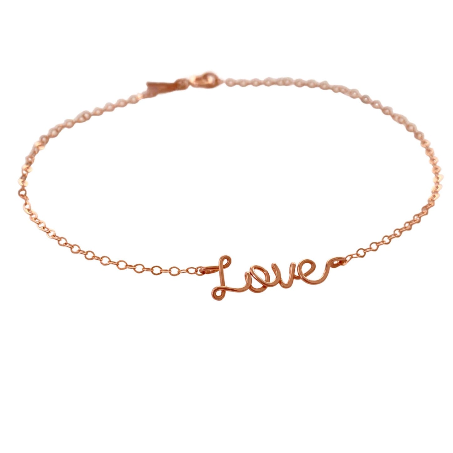 Rose Gold Love Anklet: Delicate, Hammered Script Tiny Word Ankle Bracelet.