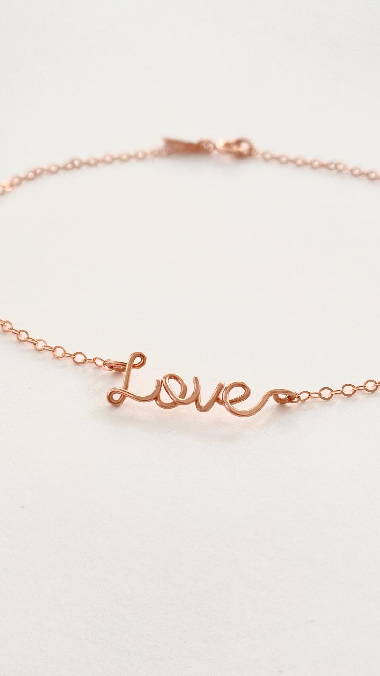 Rose Gold Love Anklet: Delicate, Hammered Script Tiny Word Ankle Bracelet.