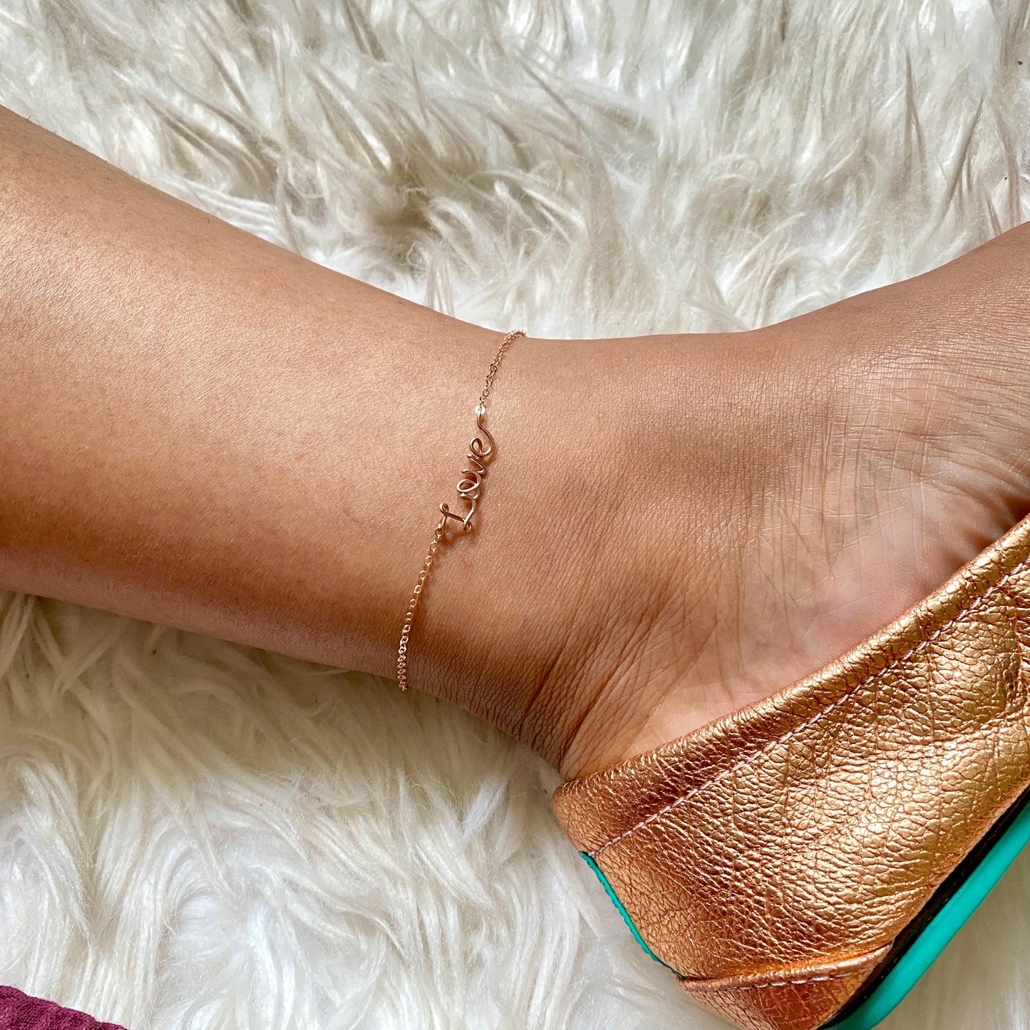 14k Solid Rose Gold Love Anklet: Delicate, Hand Hammered Script Tiny Word Ankle Bracelet.