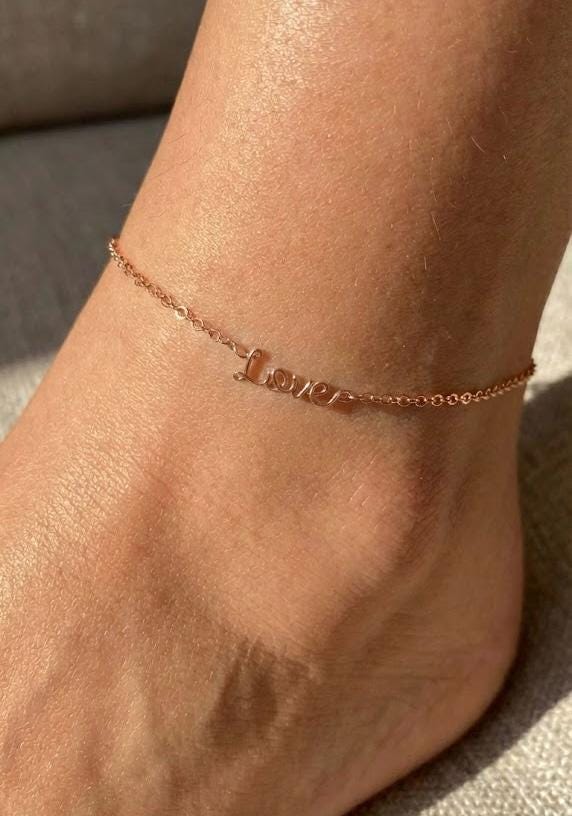 14k Solid Rose Gold Love Anklet: Delicate, Hand Hammered Script Tiny Word Ankle Bracelet.