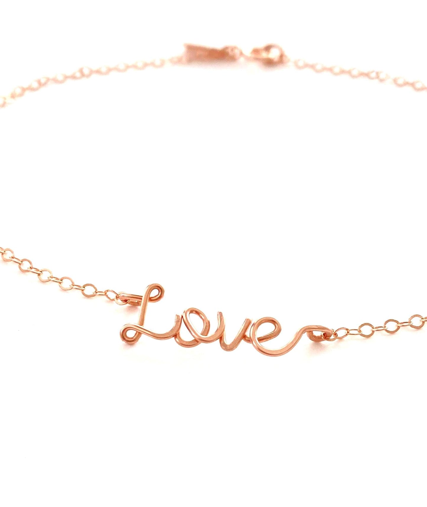 14k Solid Rose Gold Love Anklet: Delicate, Hand Hammered Script Tiny Word Ankle Bracelet.