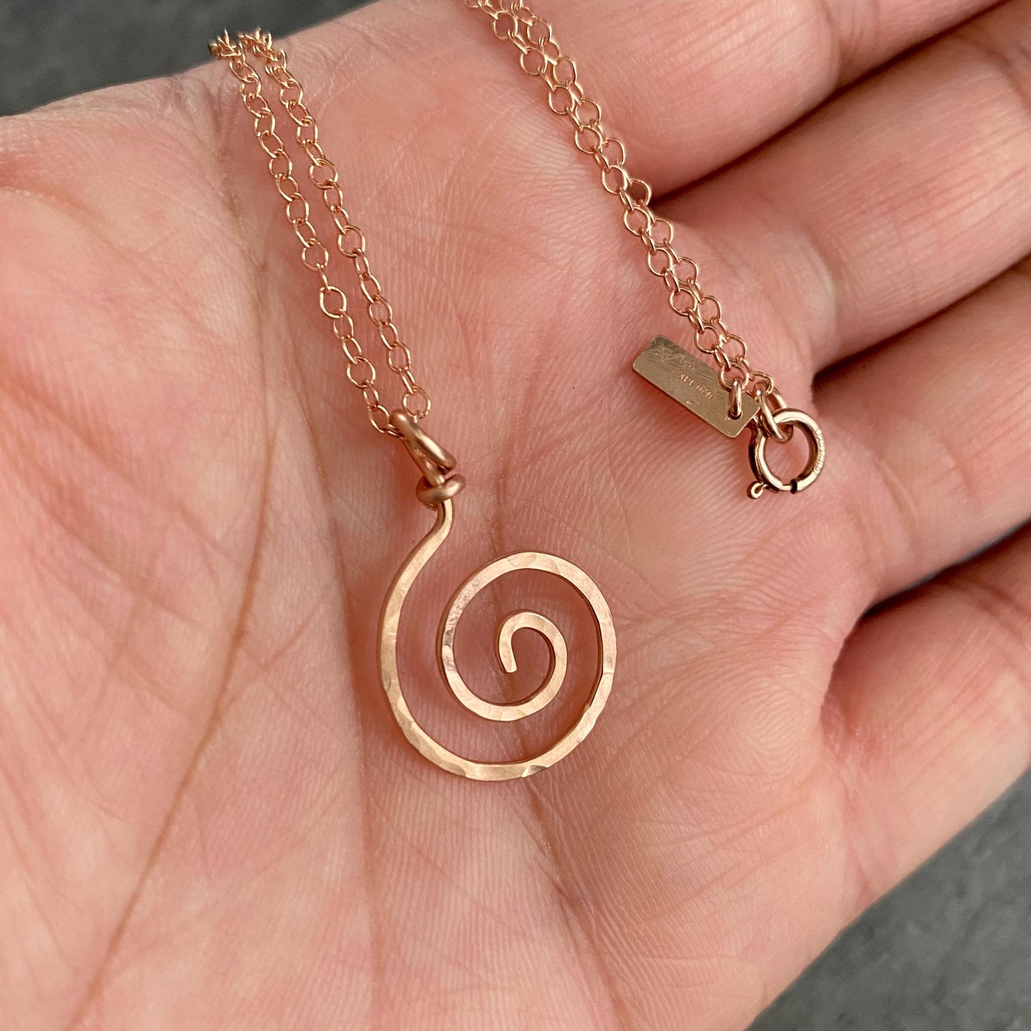 14k Rose Gold Filled Spiral Pendant Necklace: Hammered Sun Swirl