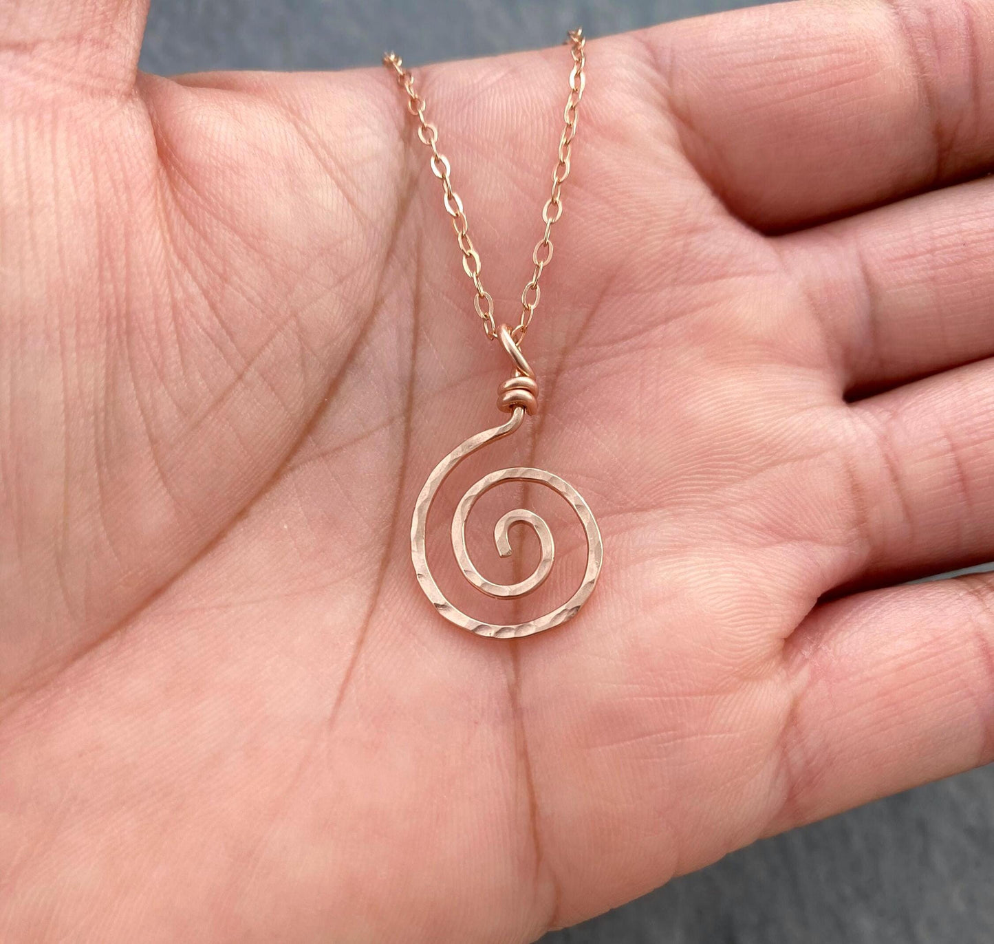 14k Rose Gold Filled Spiral Pendant Necklace: Hammered Sun Swirl