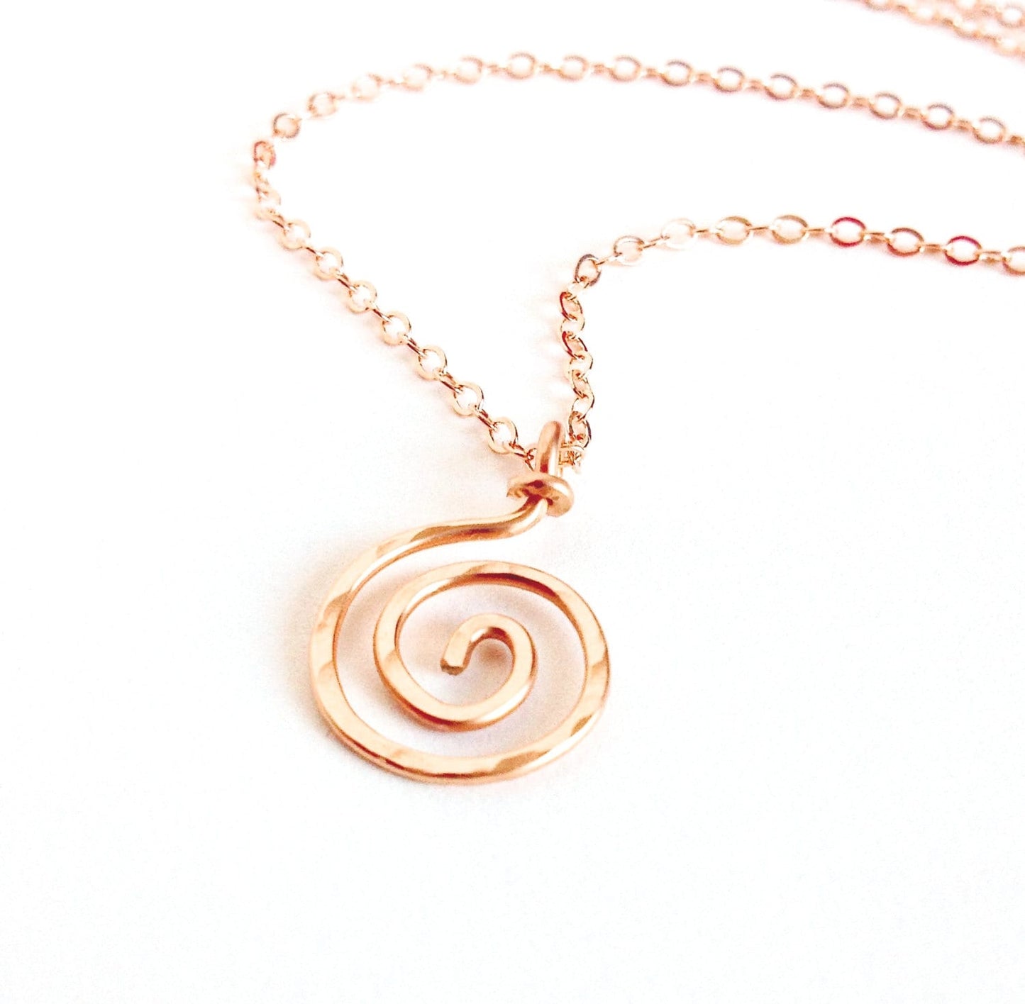 14k Rose Gold Filled Spiral Pendant Necklace: Hammered Sun Swirl
