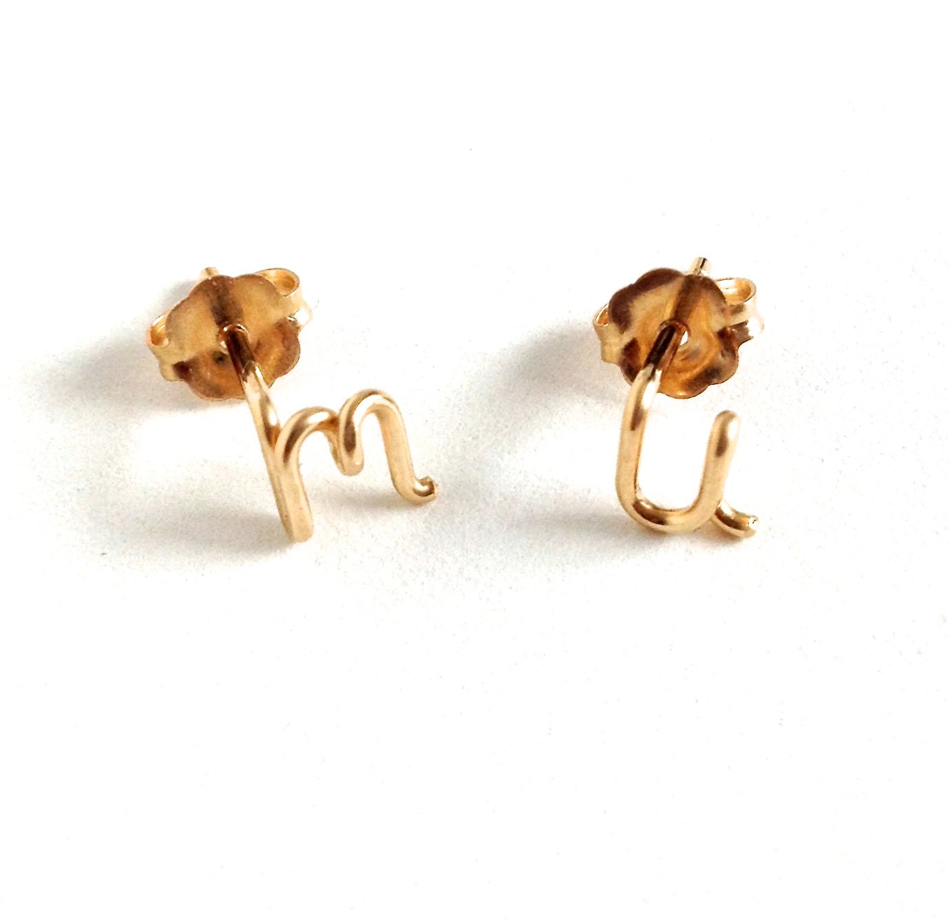 14k Gold Pair of Initial Earrings. Small Dainty lowercase script earrings. Gold Letter Wire Studs.
