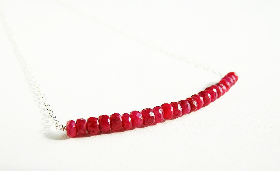 Red Ruby Necklace. Sterling Silver Genuine Rubies Bar Necklace.