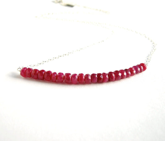 Red Ruby Necklace. Sterling Silver Genuine Rubies Bar Necklace.