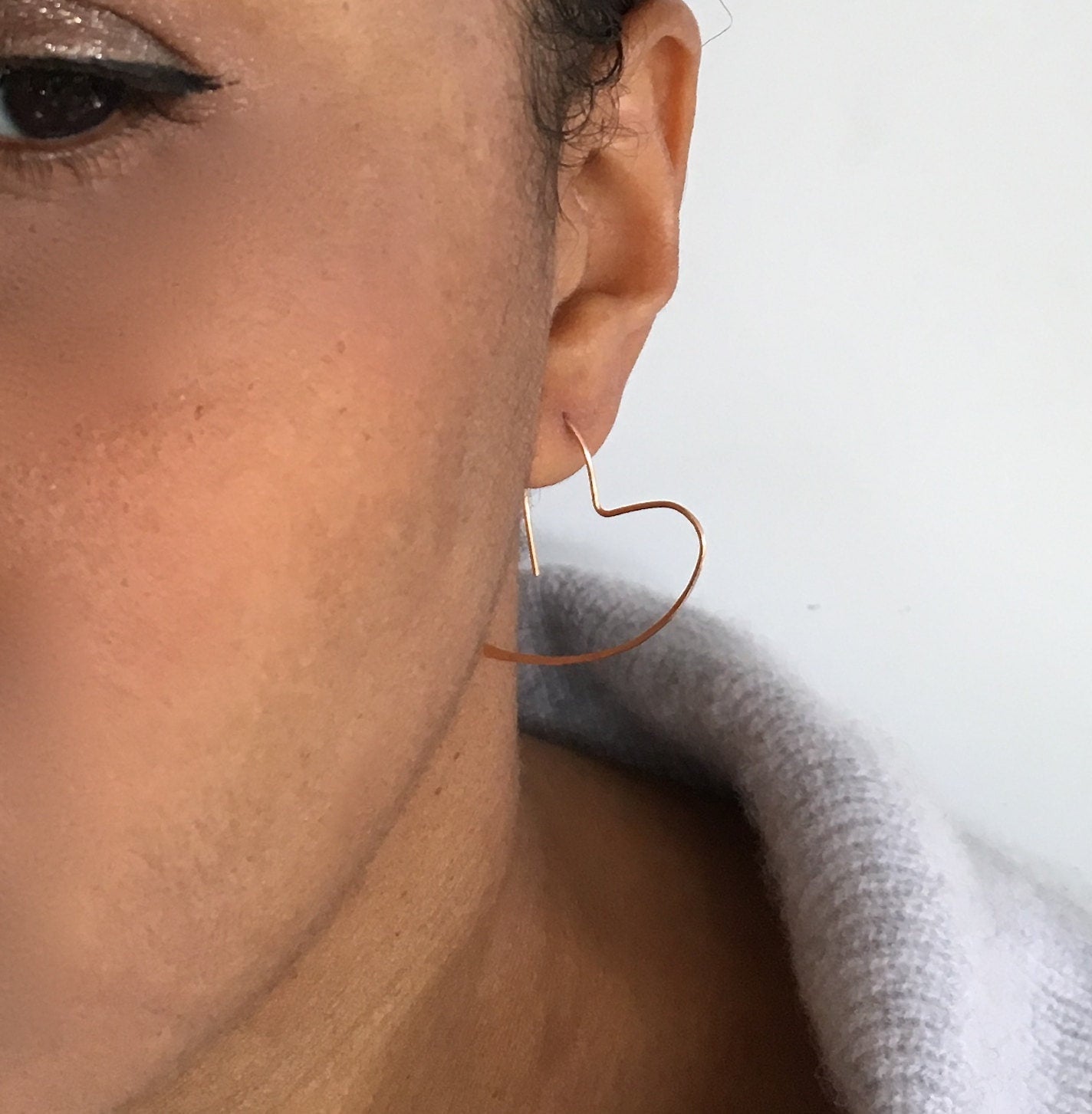 14k Rose Gold Heart Hoop Earrings. Pink Gold Hoops. Very Lightweight Jewelry for Her.