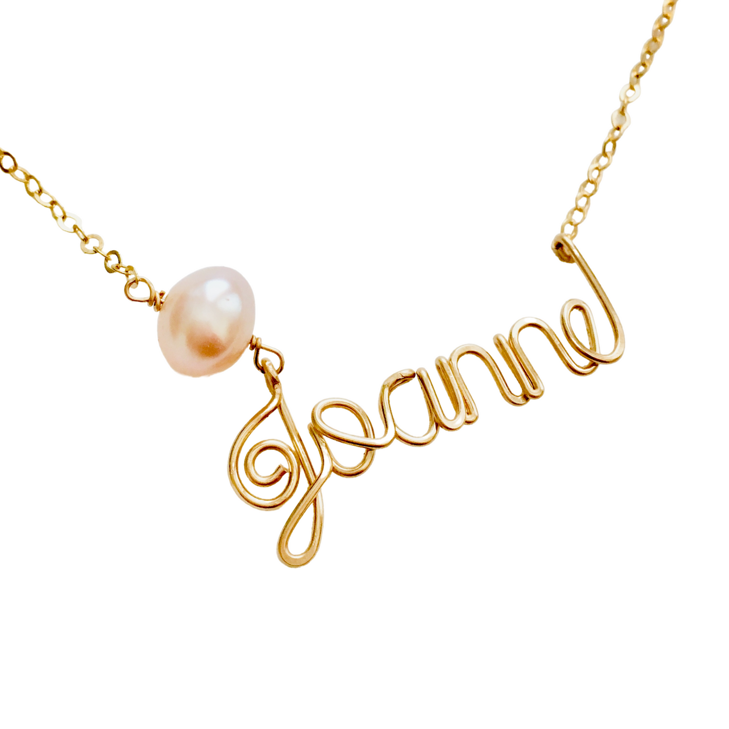 Gold Pearl Name Necklace. Custom Gold Fill Name Necklace with 10mm Freshwater Pearl in Script