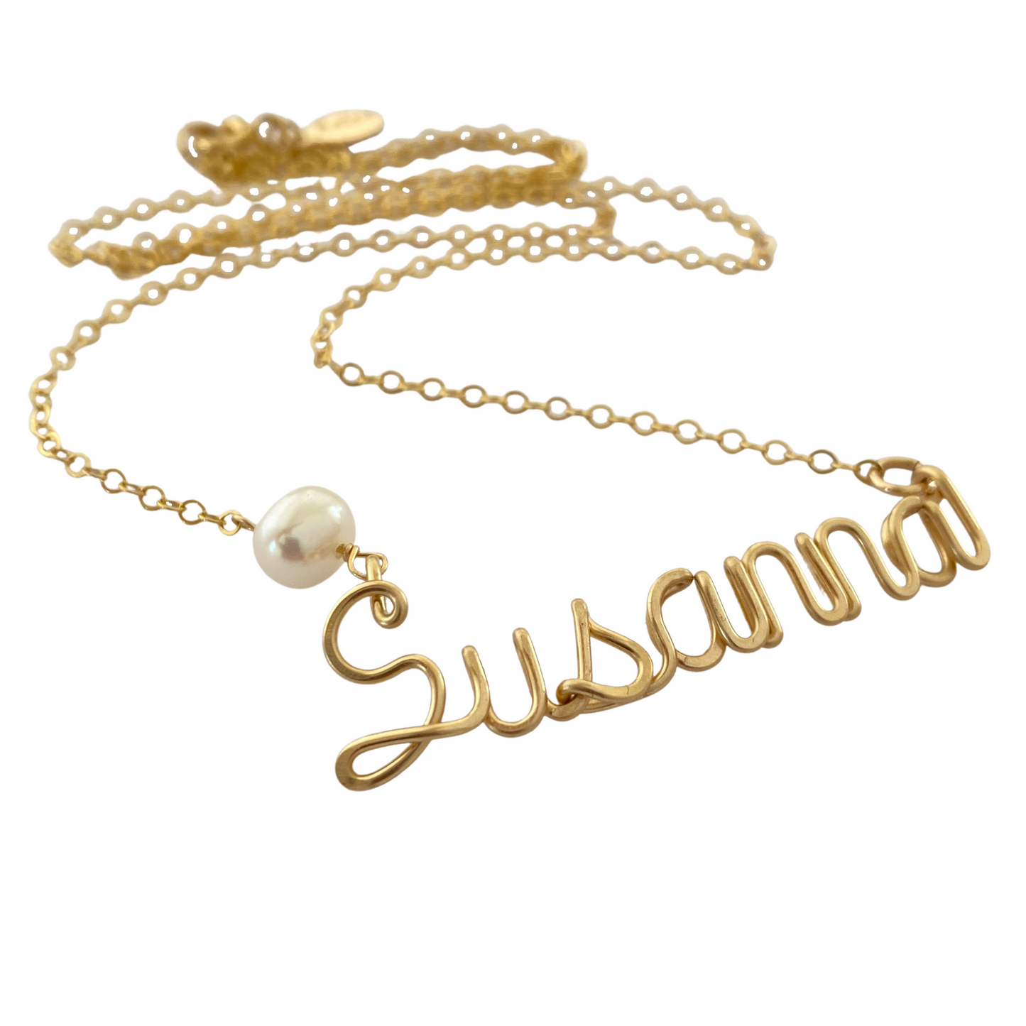 Gold Pearl Name Necklace. Custom Gold Fill Name Necklace with 10mm Freshwater Pearl in Script
