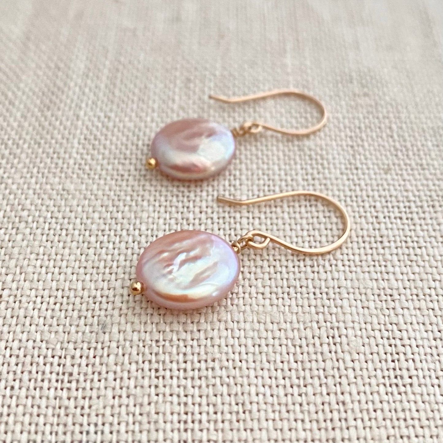 Pink Coin Freshwater Pearl Earrings. Handmade 14k gold filled ear wires