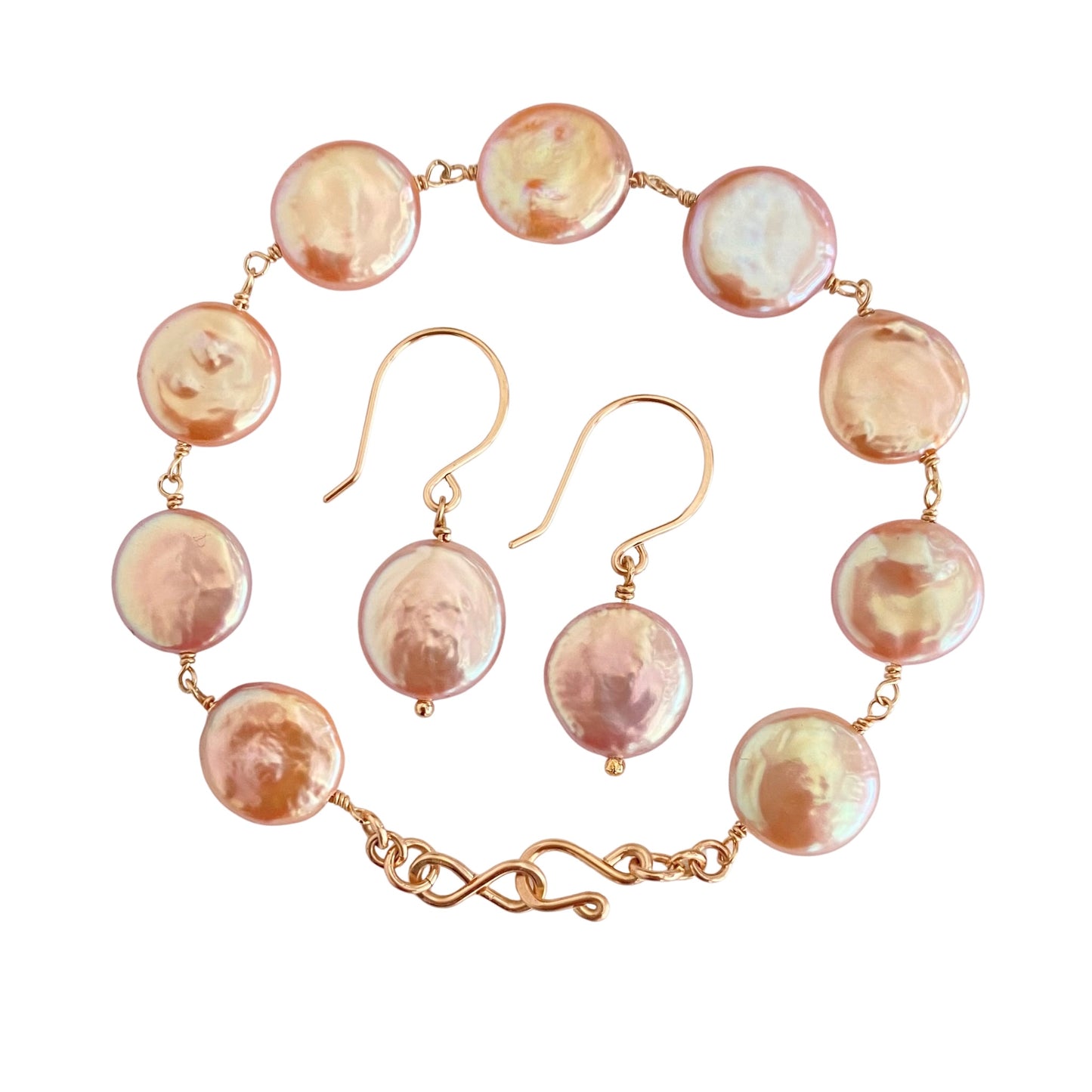 Pink Coin Freshwater Pearl Earrings. Handmade 14k gold filled ear wires