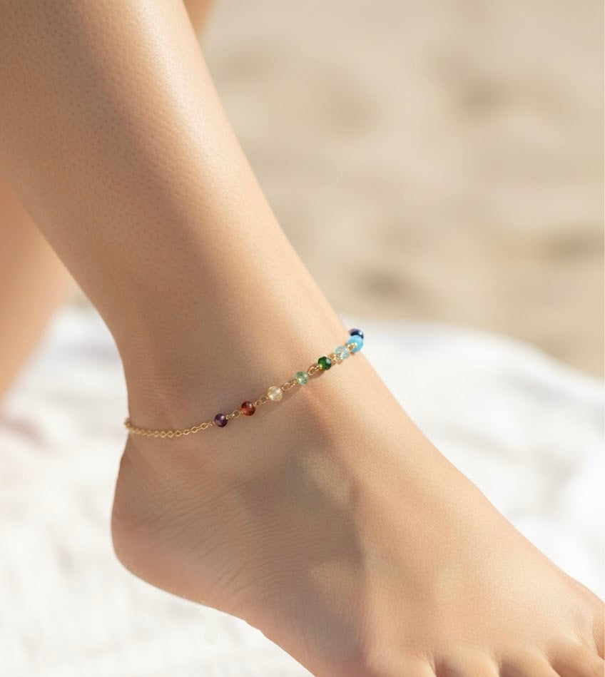 Rainbow Gemstone Anklet. 14k Gold Filled Ankle Bracelet