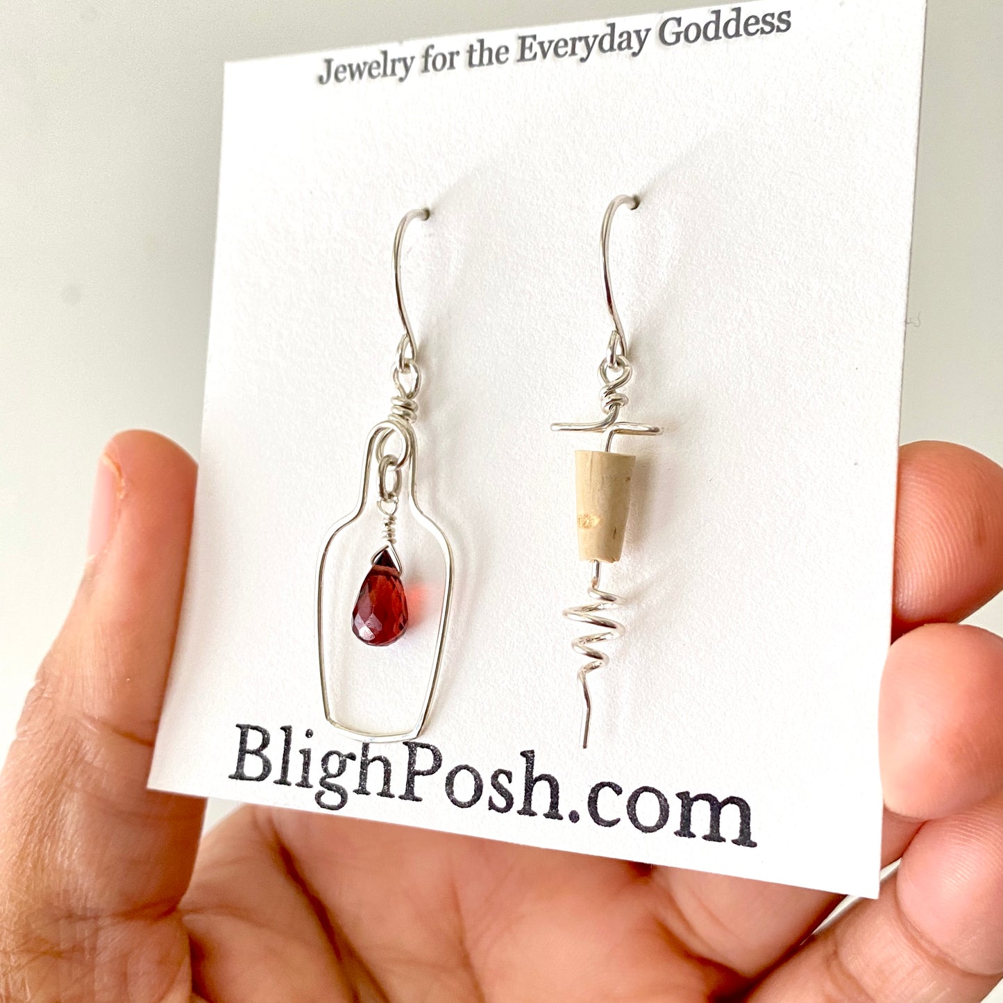Red Wine Earrings. Sterling Silver Garnet Wine Bottle and Cork Screw Earrings.