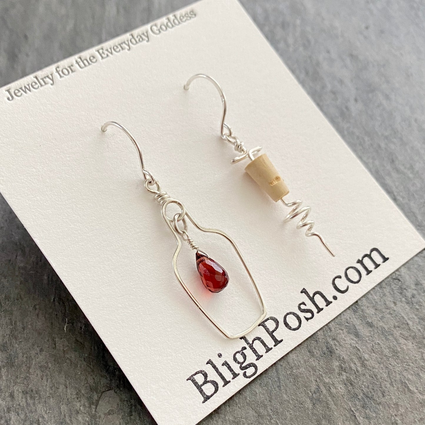 Red Wine Earrings. Sterling Silver Garnet Wine Bottle and Cork Screw Earrings.