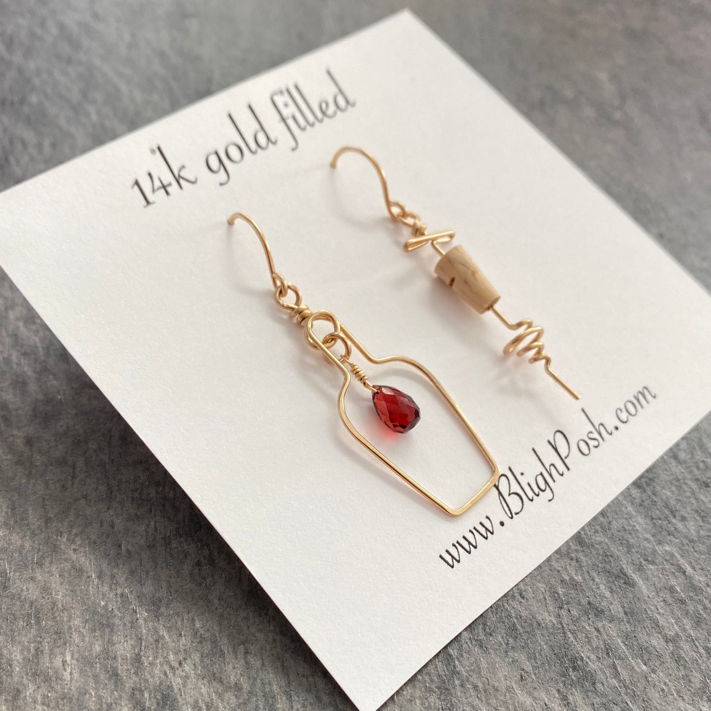 Red Garnet Wine Bottle Cork Screw Earrings. Gold Cocktail Jewelry.